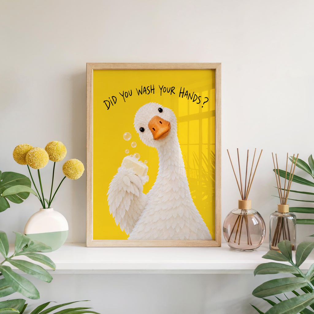 Did You Wash Your Hands Goose Wall Art, Funny Bathroom Poster, Soap Bird Print, Yellow Kids Washroom Decor, Silly Duck Restroom Hygiene Sign