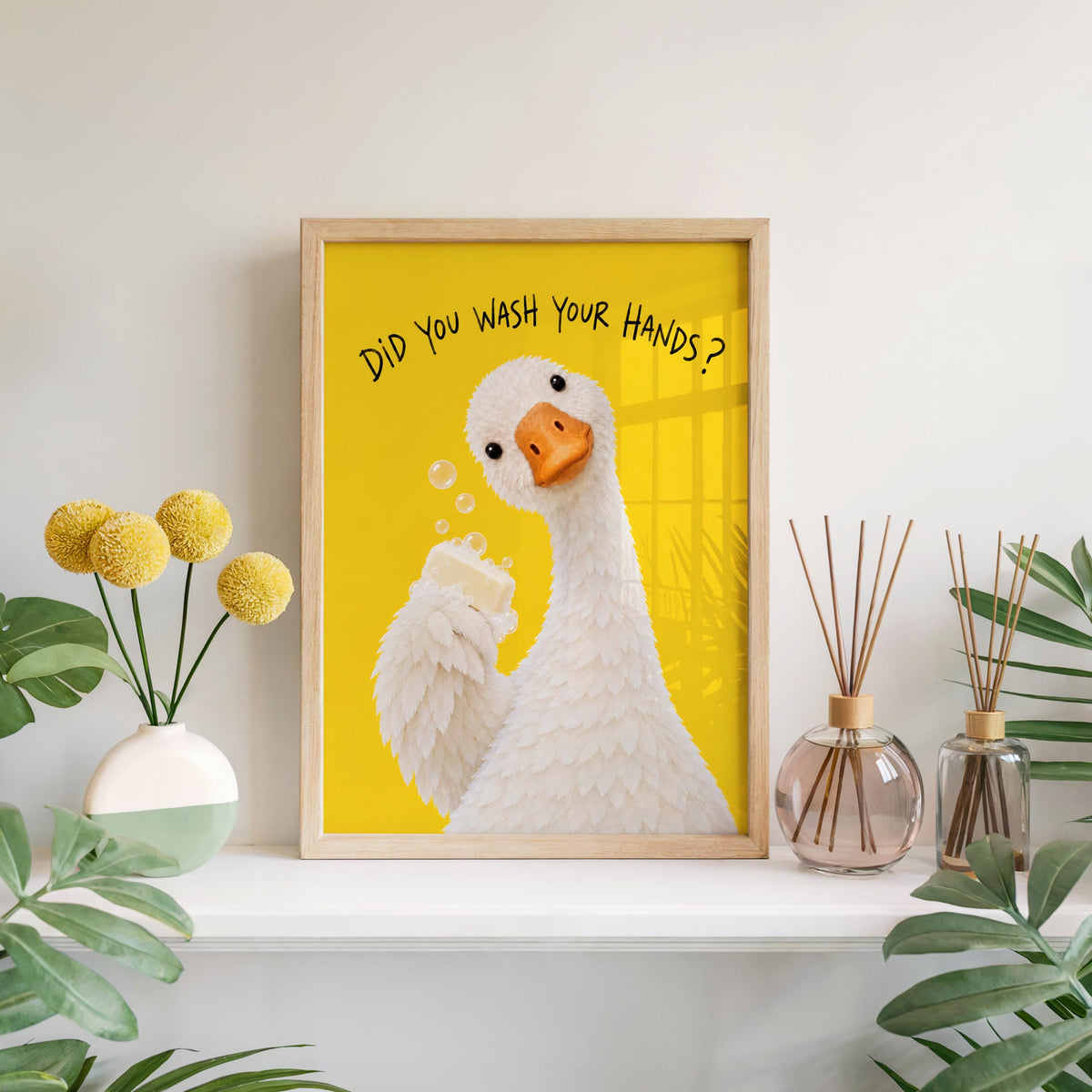 Did You Wash Your Hands Goose Wall Art, Funny Bathroom Poster, Soap Bird Print, Yellow Kids Washroom Decor, Silly Duck Restroom Hygiene Sign