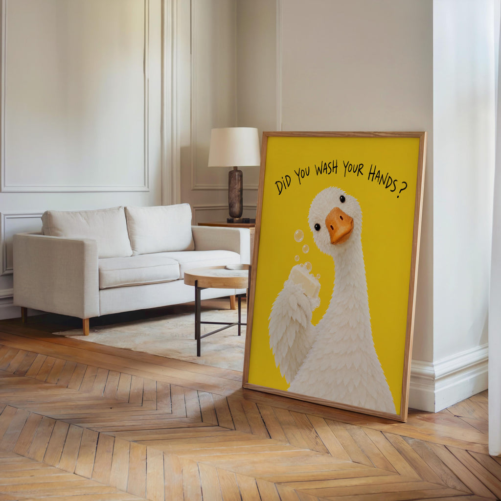 Did You Wash Your Hands Goose Wall Art, Funny Bathroom Poster, Soap Bird Print, Yellow Kids Washroom Decor, Silly Duck Restroom Hygiene Sign
