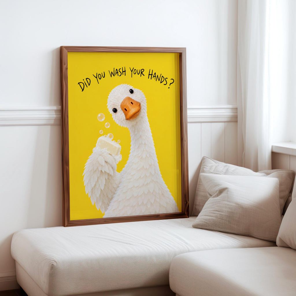 Did You Wash Your Hands Goose Wall Art, Funny Bathroom Poster, Soap Bird Print, Yellow Kids Washroom Decor, Silly Duck Restroom Hygiene Sign