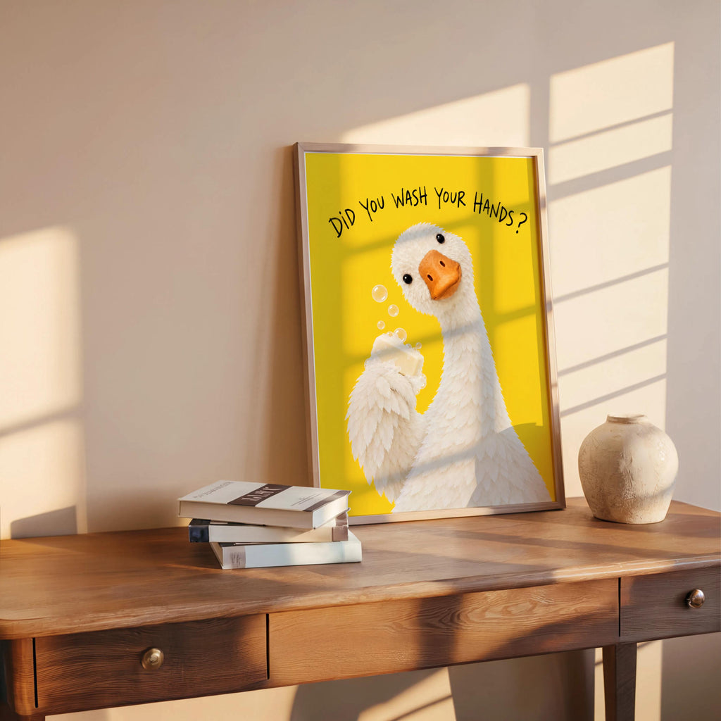 Did You Wash Your Hands Goose Wall Art, Funny Bathroom Poster, Soap Bird Print, Yellow Kids Washroom Decor, Silly Duck Restroom Hygiene Sign
