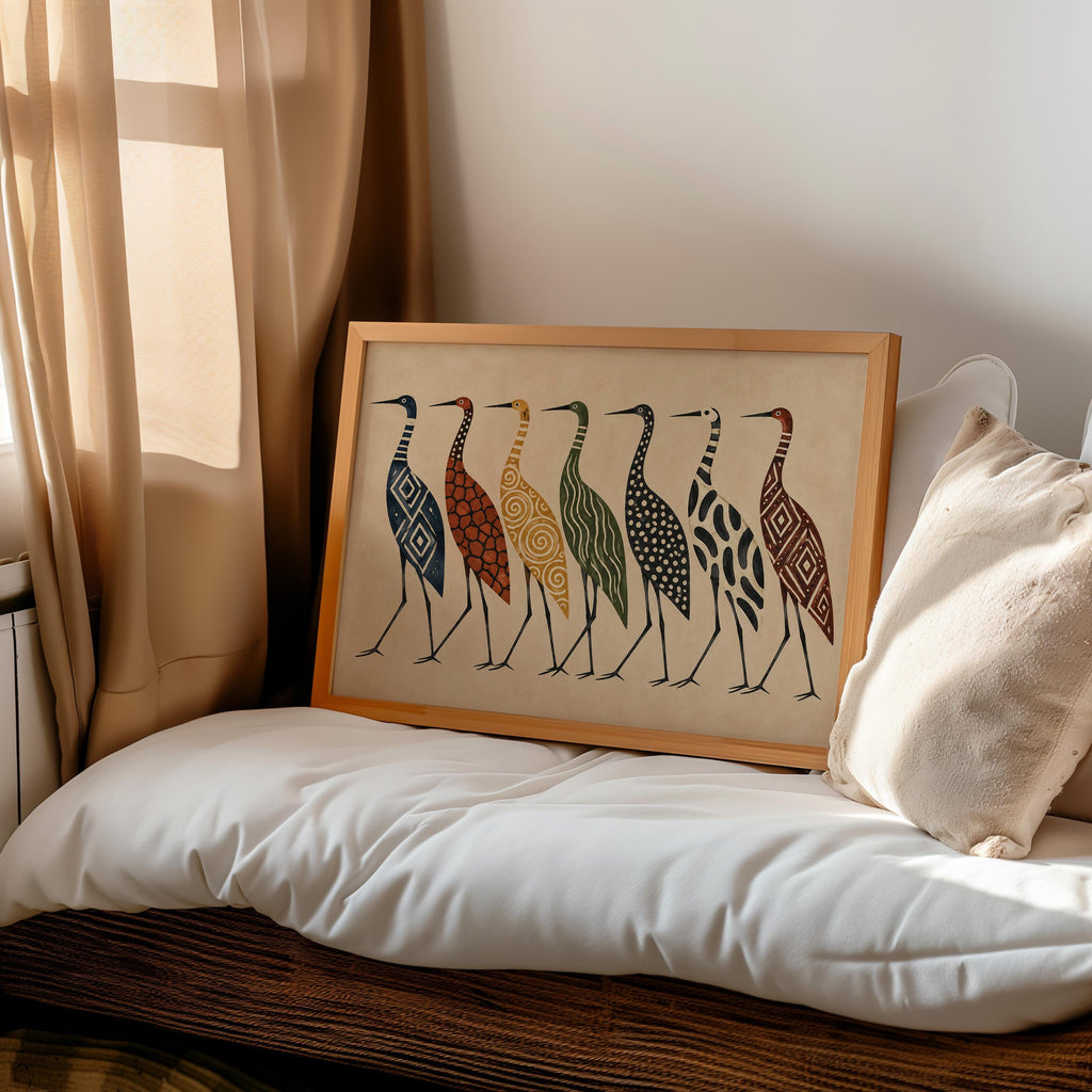 Abstract Crane Wall Art, Patterned Egret Poster, Mid Century Folk Print, Earth Tone Decor, Modern Boho Statement Art, Bird Lover Gift