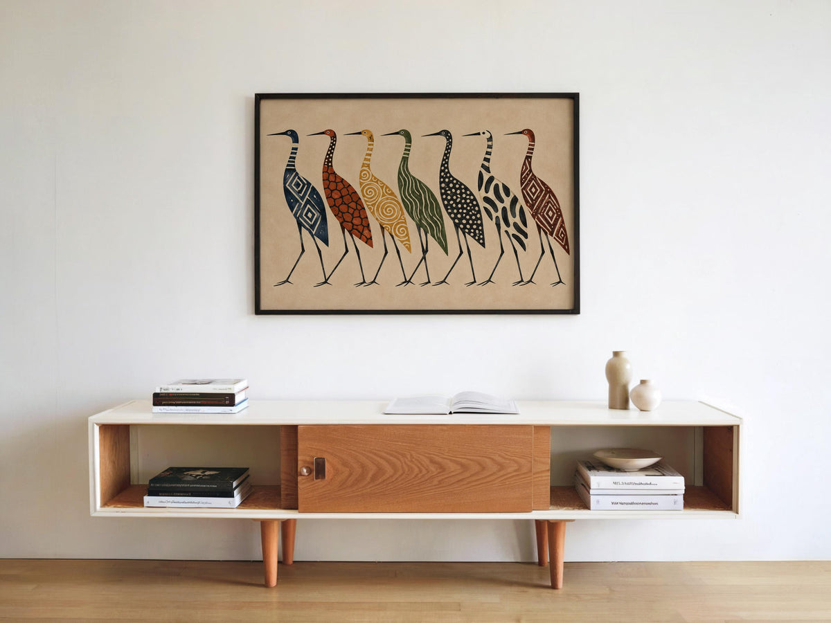 Abstract Crane Wall Art, Patterned Egret Poster, Mid Century Folk Print, Earth Tone Decor, Modern Boho Statement Art, Bird Lover Gift