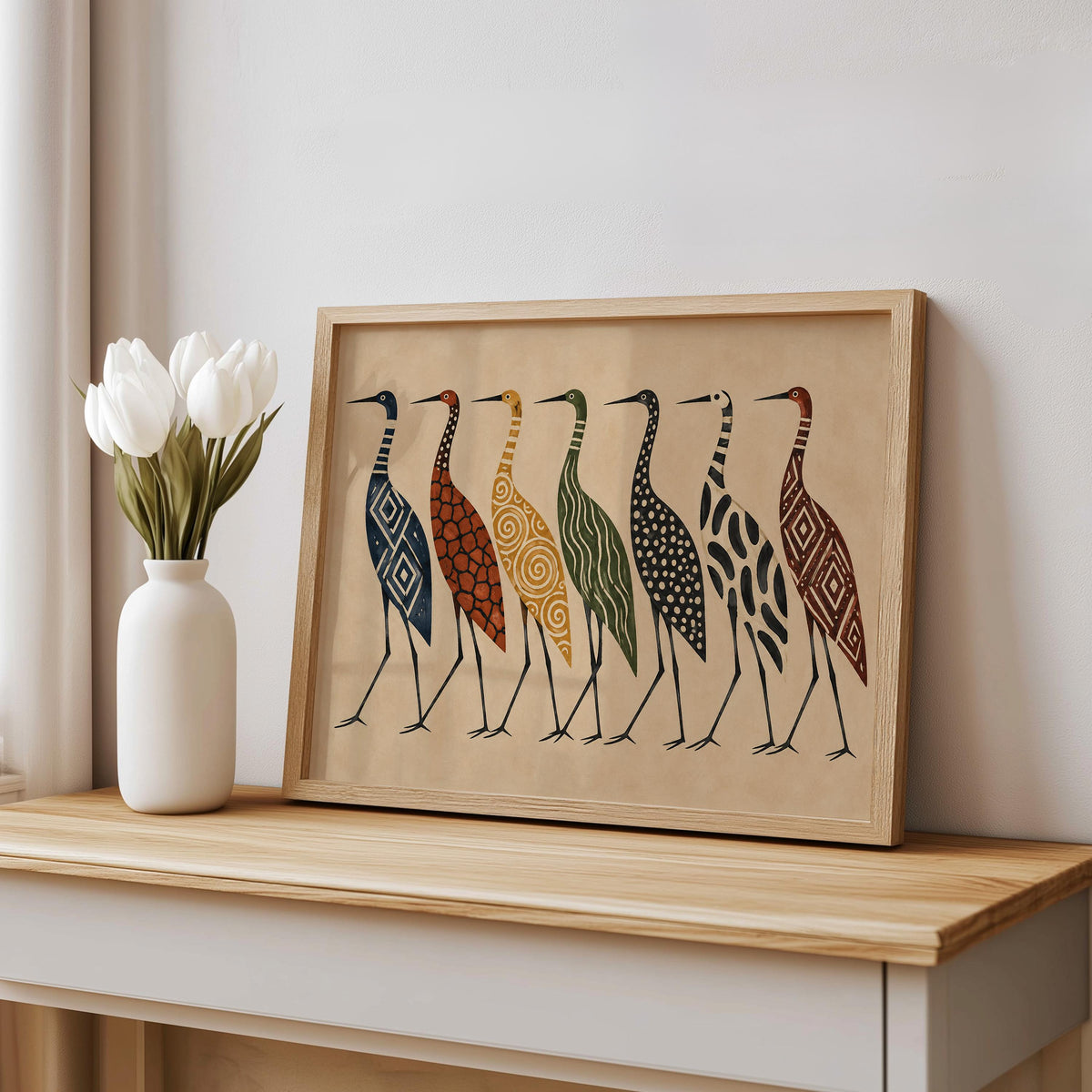 Abstract Crane Wall Art, Patterned Egret Poster, Mid Century Folk Print, Earth Tone Decor, Modern Boho Statement Art, Bird Lover Gift