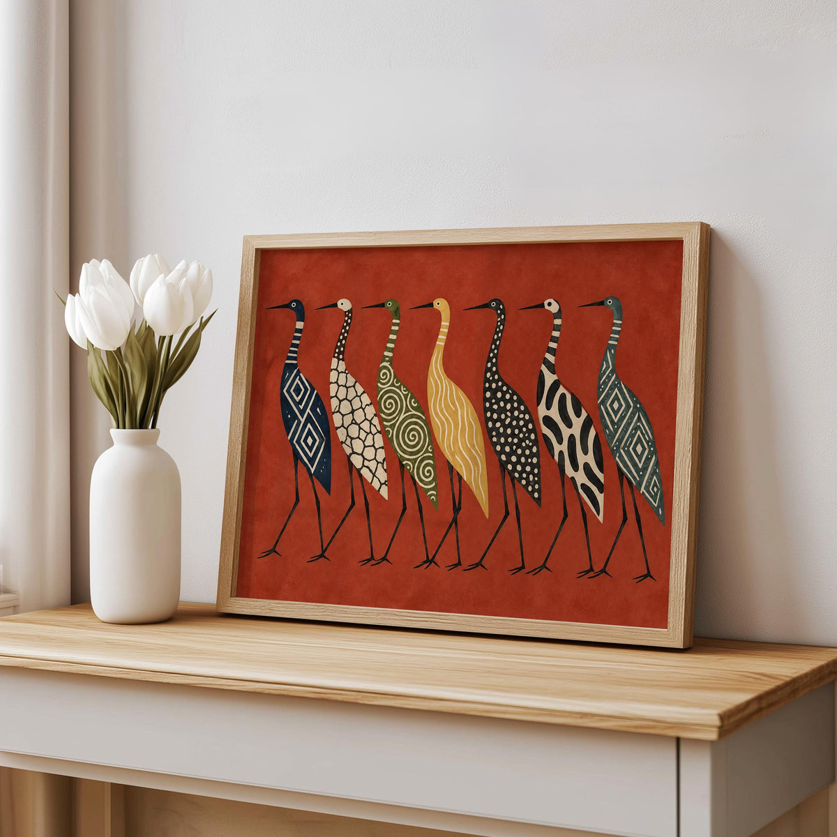 Abstract Crane Wall Art, Patterned Egret Poster, Mid Century Folk Print, Earth Tone Decor, Modern Boho Statement Art, Bird Lover Gift