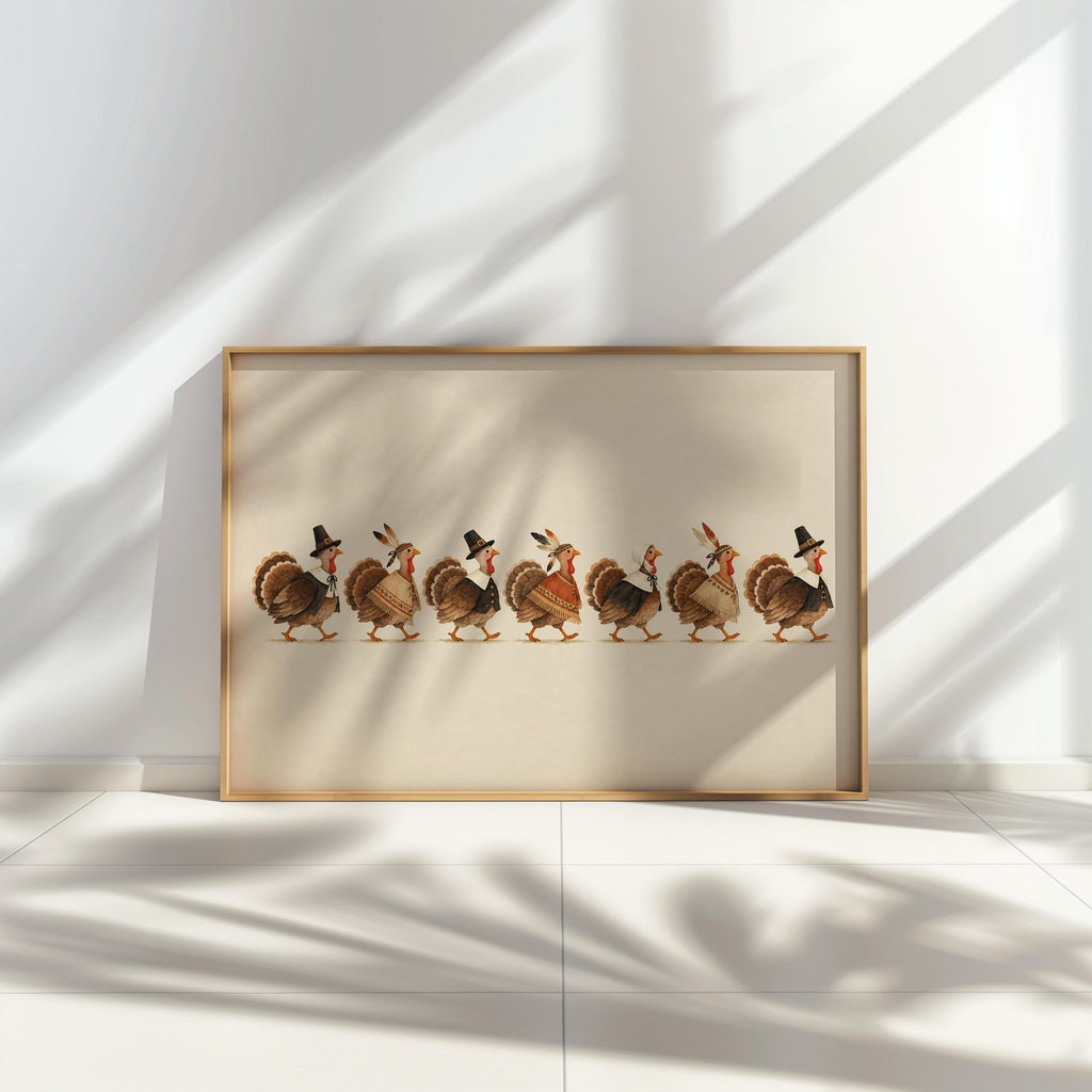 Framed vintage turkey print on floor with dramatic sunlight and shadows, suggested fall kitchen wall art