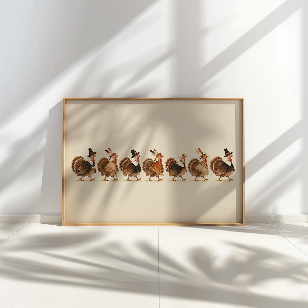 Framed vintage turkey print on floor with dramatic sunlight and shadows, suggested fall kitchen wall art