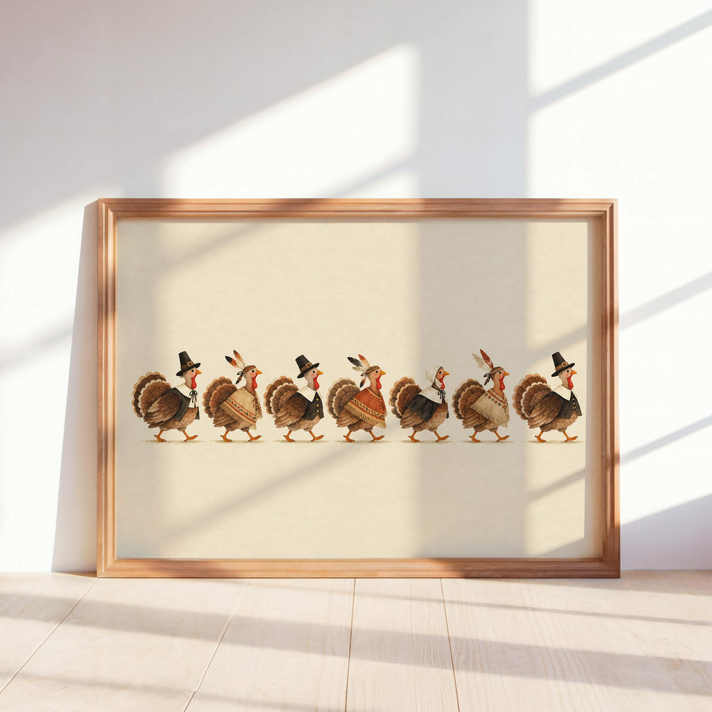 Framed horizontal Thanksgiving turkey wall art leaning by a sunlit window, seven vintage turkeys marching in line