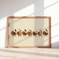 Framed horizontal Thanksgiving turkey wall art leaning by a sunlit window, seven vintage turkeys marching in line