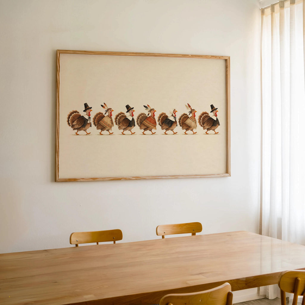 Large horizontal Thanksgiving turkey wall art above dining table, styled as Thanksgiving dining room decor