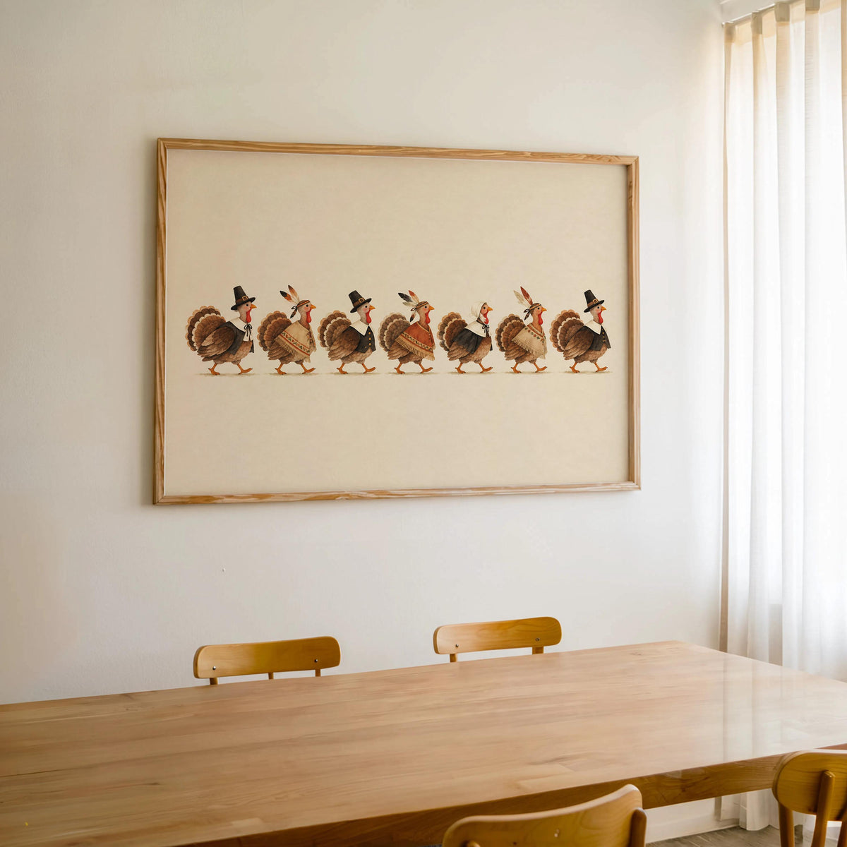 Large horizontal Thanksgiving turkey wall art above dining table, styled as Thanksgiving dining room decor
