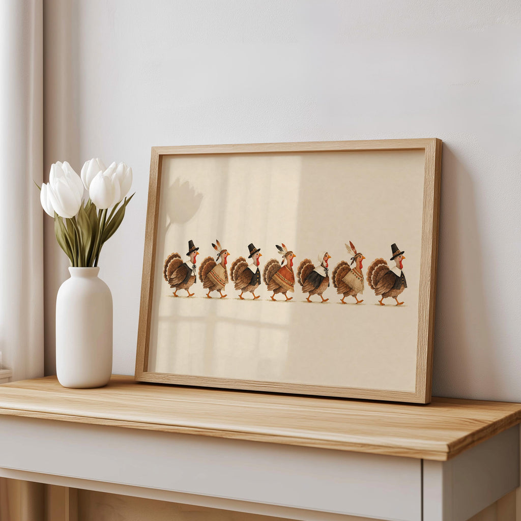 Cheerful Thanksgiving turkey wall art displayed on a sideboard, cream background, playful vintage turkey parade