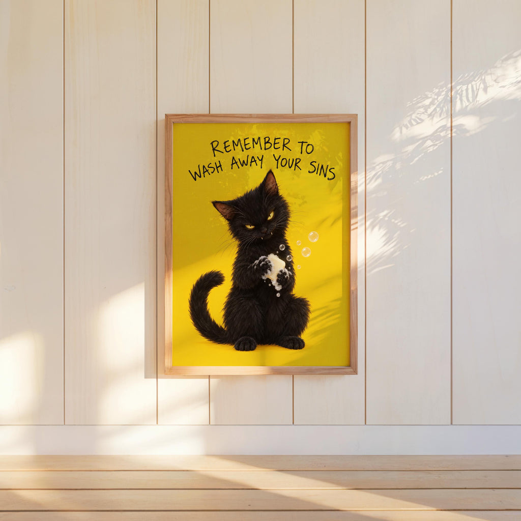 Funny Black Cat Bathroom Print, Remember to Wash Away Your Sins Wall Art, Quirky Restroom Quote Poster, Yellow Animal Loo Sign Decor