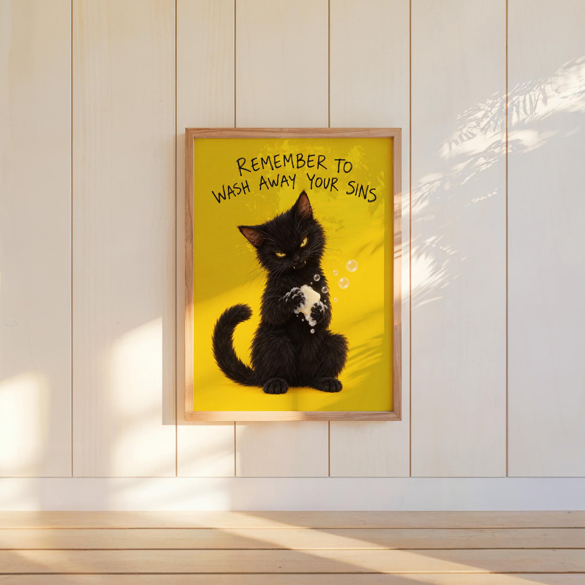 Funny Black Cat Bathroom Print, Remember to Wash Away Your Sins Wall Art, Quirky Restroom Quote Poster, Yellow Animal Loo Sign Decor