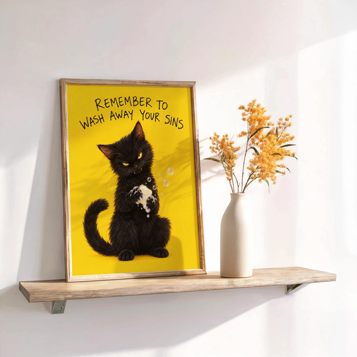 Funny Black Cat Bathroom Print, Remember to Wash Away Your Sins Wall Art, Quirky Restroom Quote Poster, Yellow Animal Loo Sign Decor