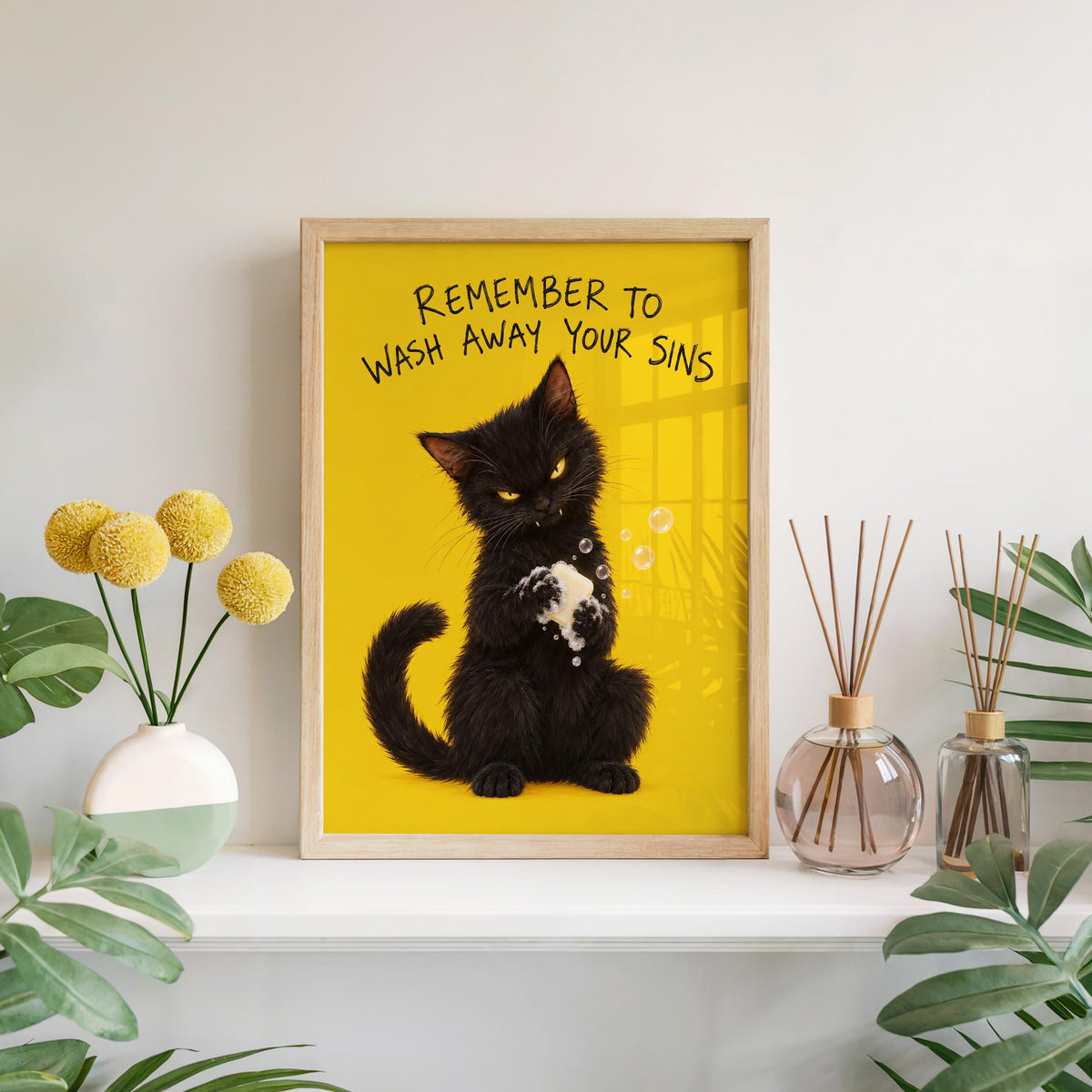 Funny Black Cat Bathroom Print, Remember to Wash Away Your Sins Wall Art, Quirky Restroom Quote Poster, Yellow Animal Loo Sign Decor