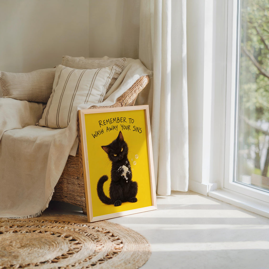 Funny Black Cat Bathroom Print, Remember to Wash Away Your Sins Wall Art, Quirky Restroom Quote Poster, Yellow Animal Loo Sign Decor