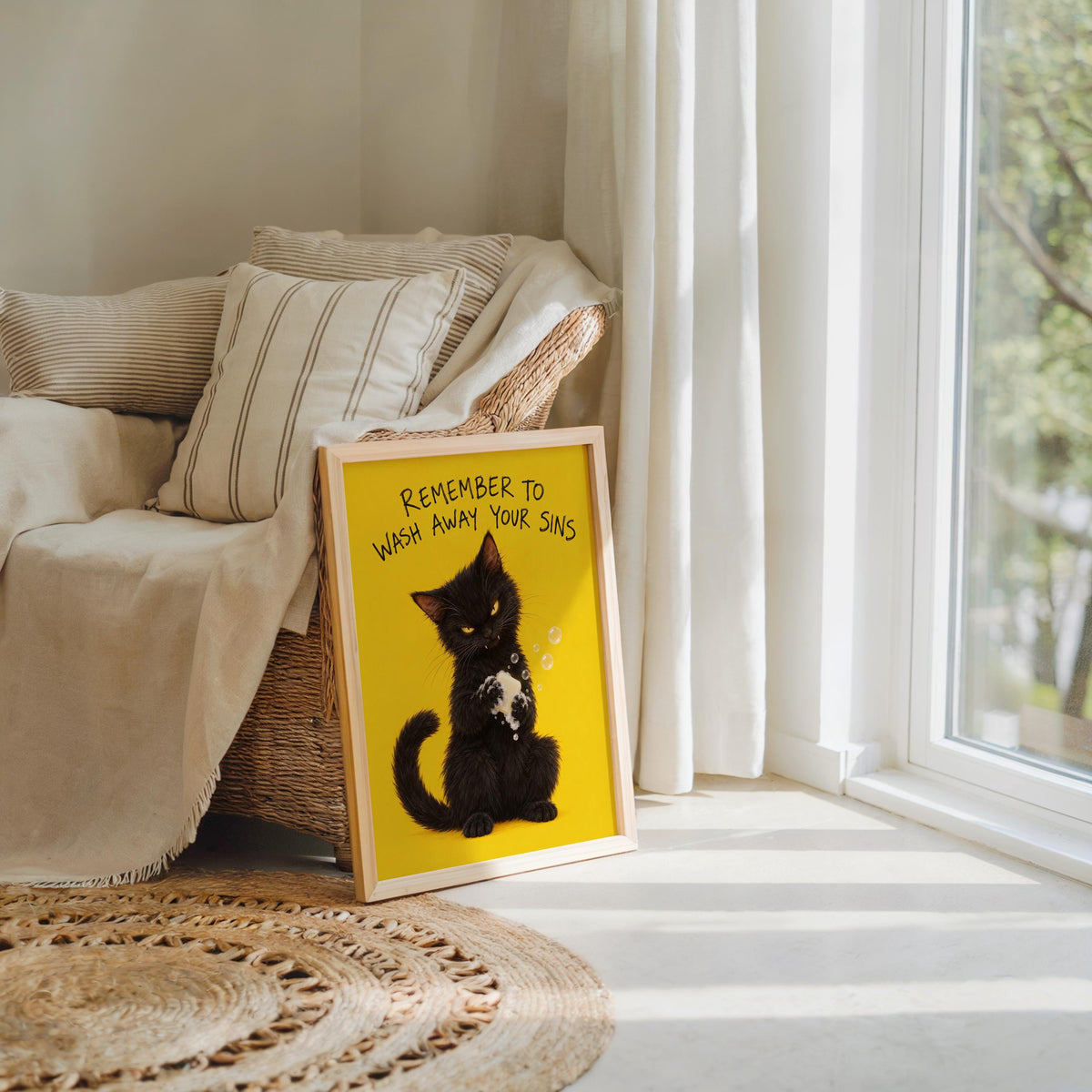Funny Black Cat Bathroom Print, Remember to Wash Away Your Sins Wall Art, Quirky Restroom Quote Poster, Yellow Animal Loo Sign Decor