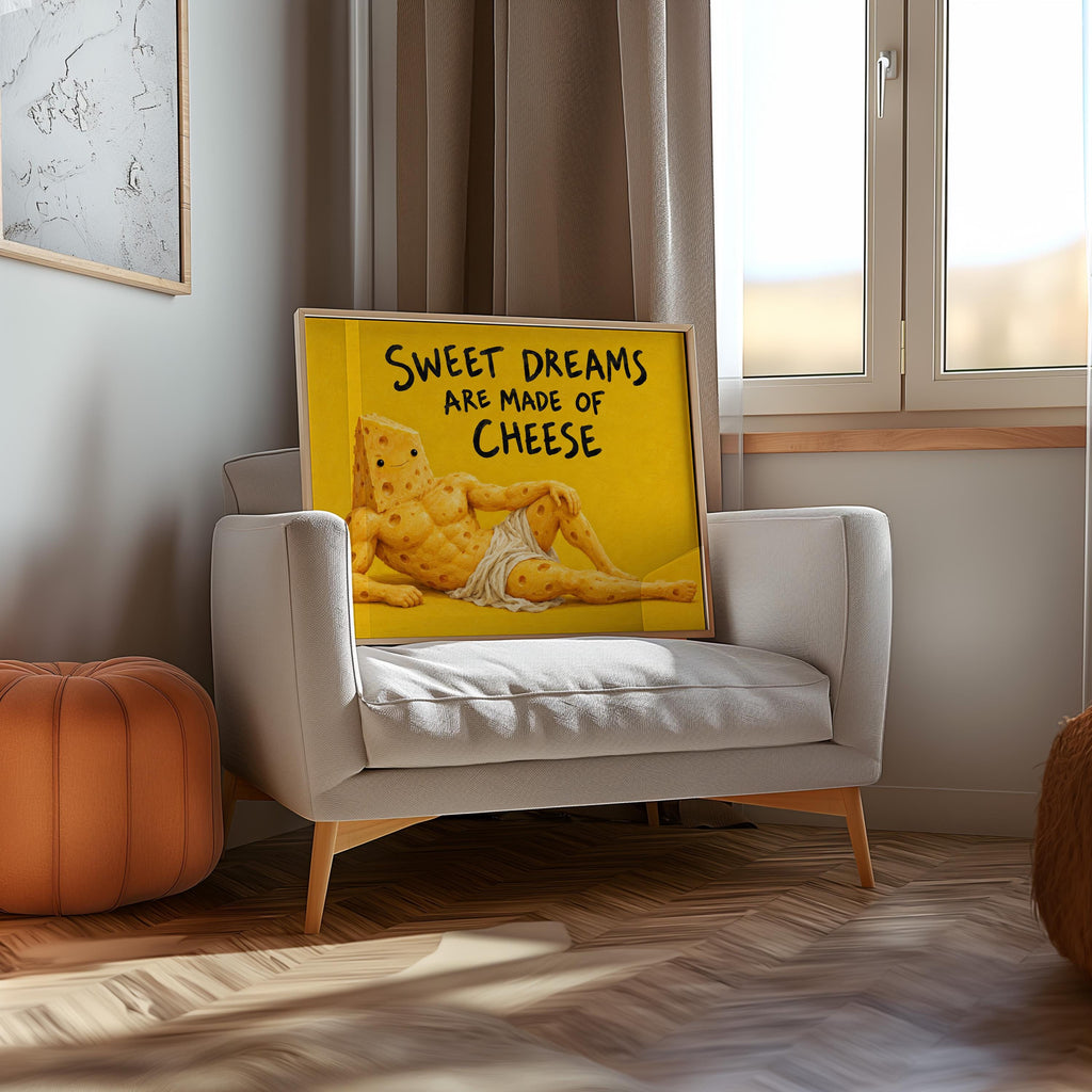 Sweet Dreams Are Made of Cheese Wall Art, Funny Cheese Poster, Food Lover Kitchen Print, Quirky Yellow Dining Decor, Foodie Quote