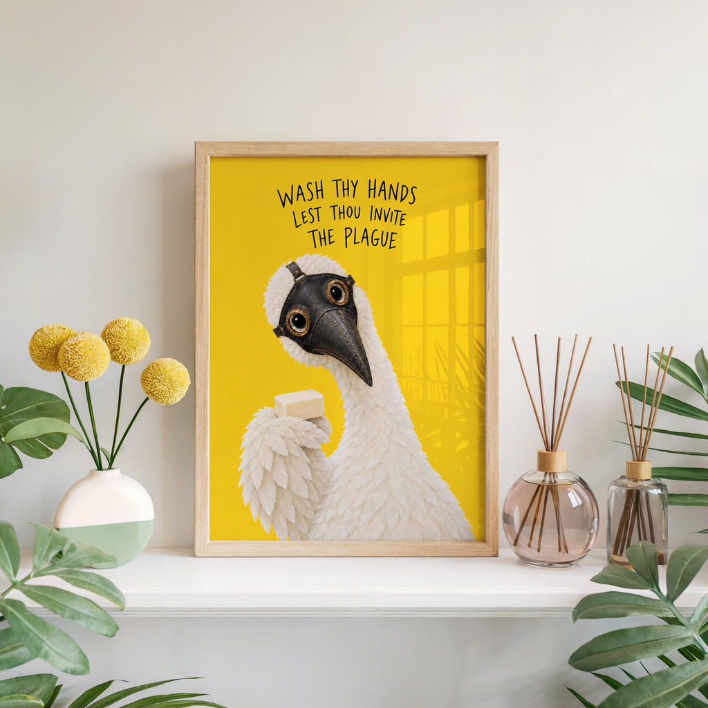 Wash Thy Hands Lest Thou Invite the Plague Goose Doctor Wall Art, Funny Bathroom Decor, Quirky Restroom Poster, Silly Duck Wash Hands Print