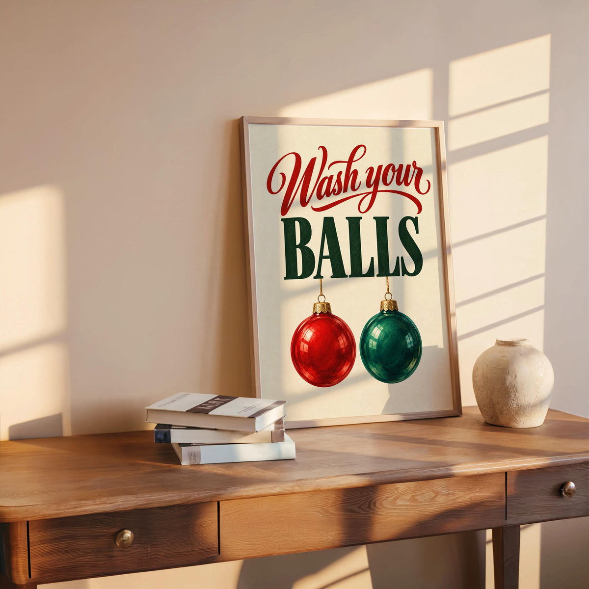 Wash Your Balls Funny Christmas Bathroom Wall Art, Quirky Holiday Restroom Poster, Retro Ornament Print, Cheeky Xmas Toilet Decor