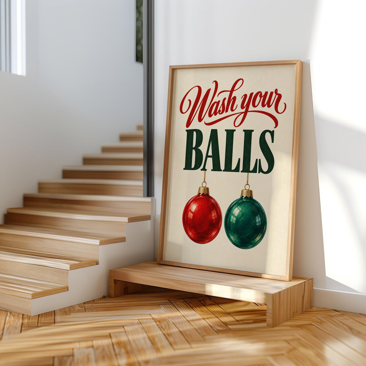 Wash Your Balls Funny Christmas Bathroom Wall Art, Quirky Holiday Restroom Poster, Retro Ornament Print, Cheeky Xmas Toilet Decor