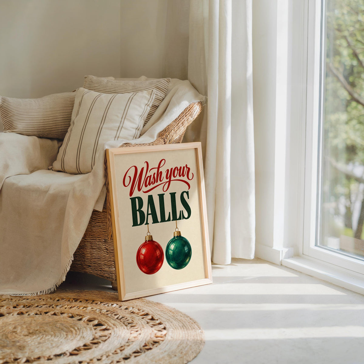 Wash Your Balls Funny Christmas Bathroom Wall Art, Quirky Holiday Restroom Poster, Retro Ornament Print, Cheeky Xmas Toilet Decor