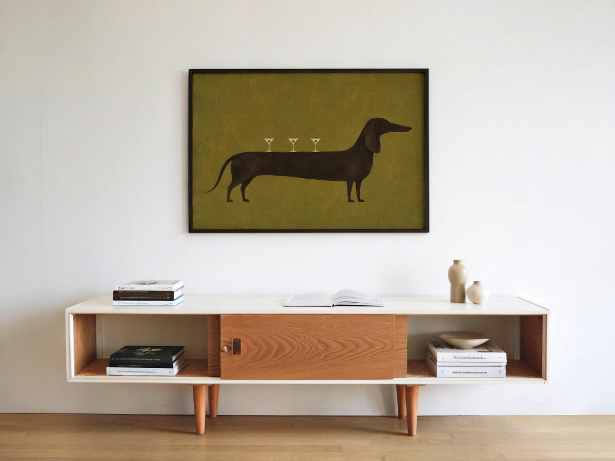 Dog Martini Wall Art, Cocktail Dachshund Poster, Olive Green Bar Print, Funny Wiener Sausage Dog Decor, Pet Lover Gift, Mid Century Artwork