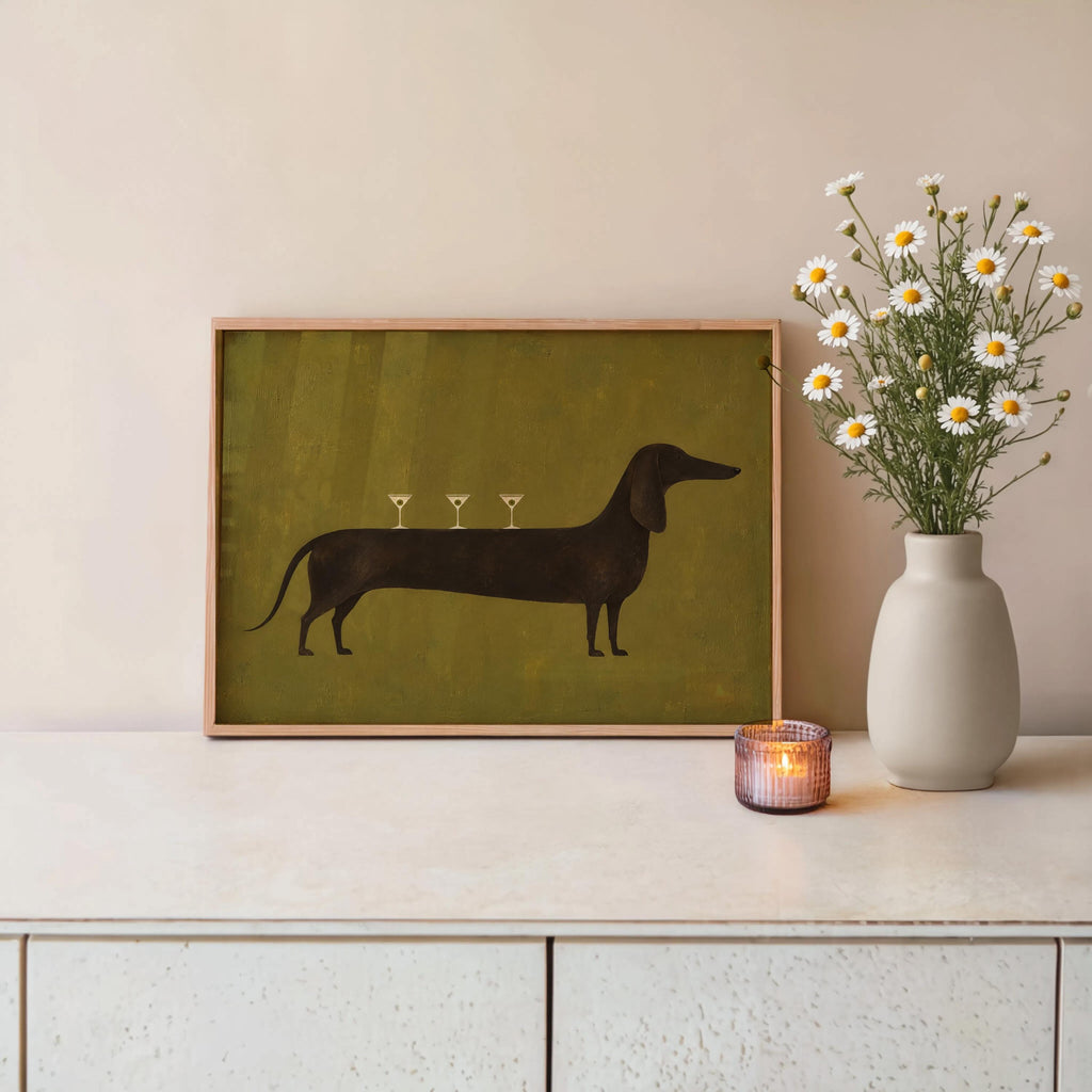 Dog Martini Wall Art, Cocktail Dachshund Poster, Olive Green Bar Print, Funny Wiener Sausage Dog Decor, Pet Lover Gift, Mid Century Artwork