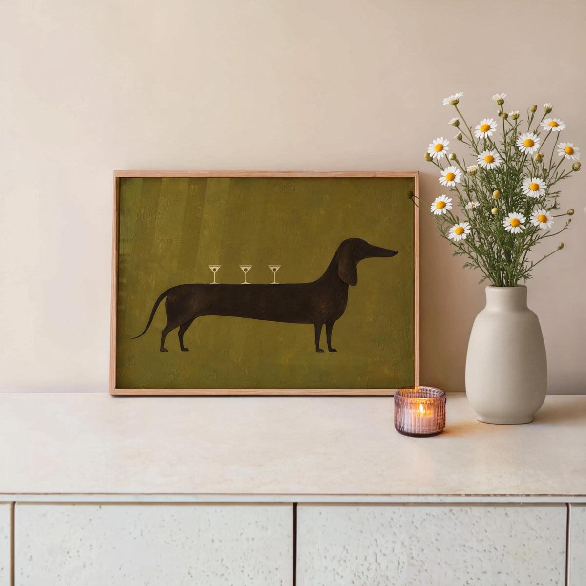 Dog Martini Wall Art, Cocktail Dachshund Poster, Olive Green Bar Print, Funny Wiener Sausage Dog Decor, Pet Lover Gift, Mid Century Artwork
