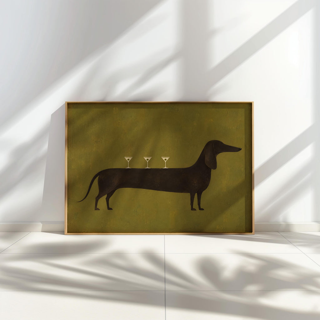 Dog Martini Wall Art, Cocktail Dachshund Poster, Olive Green Bar Print, Funny Wiener Sausage Dog Decor, Pet Lover Gift, Mid Century Artwork