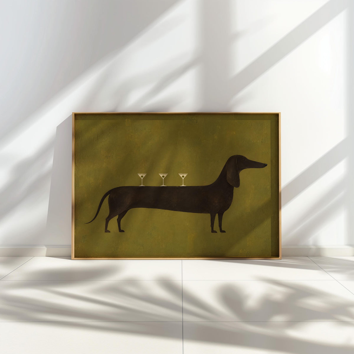 Dog Martini Wall Art, Cocktail Dachshund Poster, Olive Green Bar Print, Funny Wiener Sausage Dog Decor, Pet Lover Gift, Mid Century Artwork