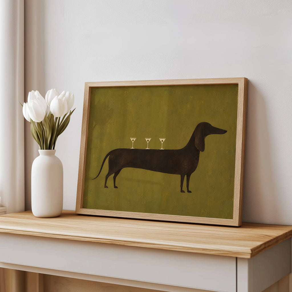 Dog Martini Wall Art, Cocktail Dachshund Poster, Olive Green Bar Print, Funny Wiener Sausage Dog Decor, Pet Lover Gift, Mid Century Artwork