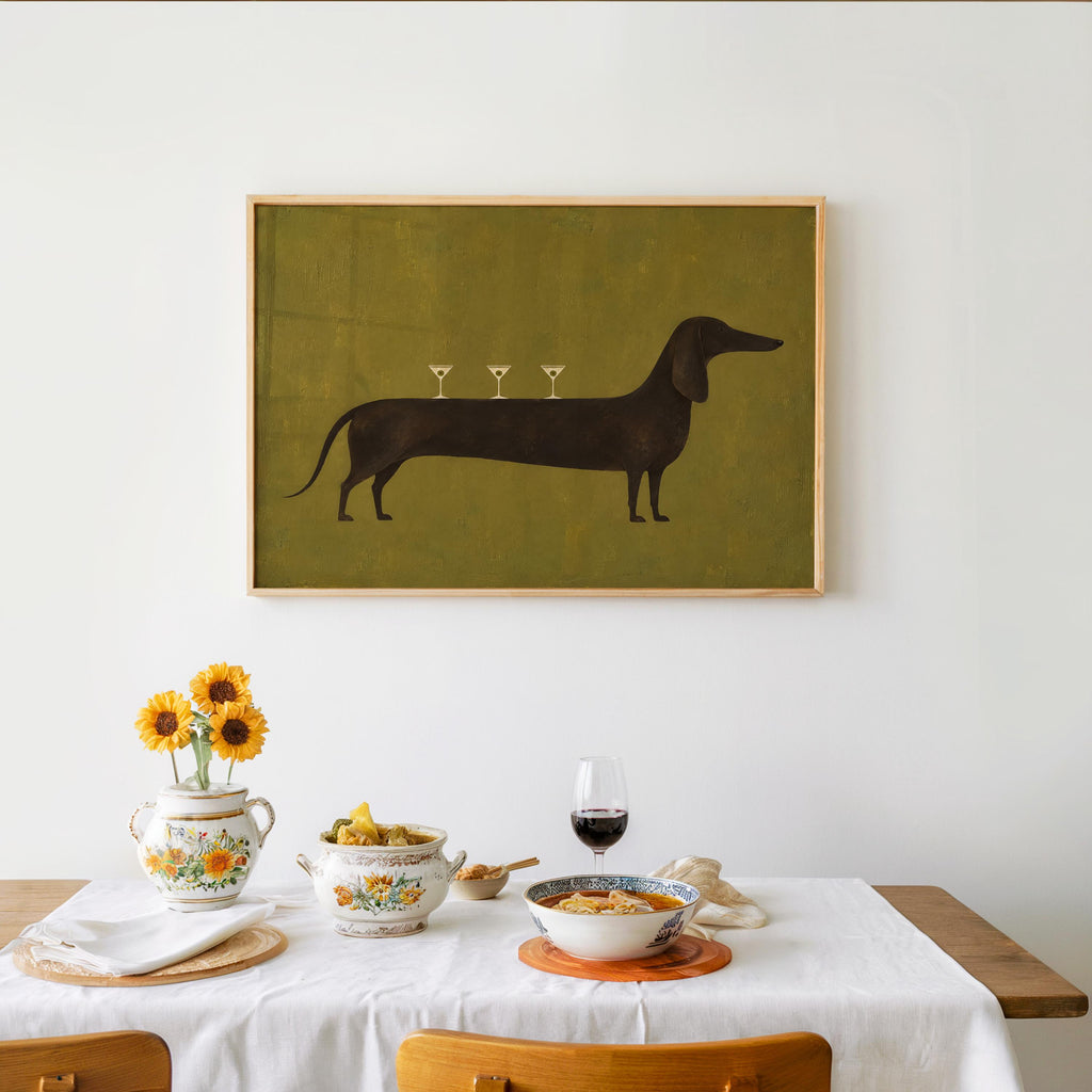 Dog Martini Wall Art, Cocktail Dachshund Poster, Olive Green Bar Print, Funny Wiener Sausage Dog Decor, Pet Lover Gift, Mid Century Artwork