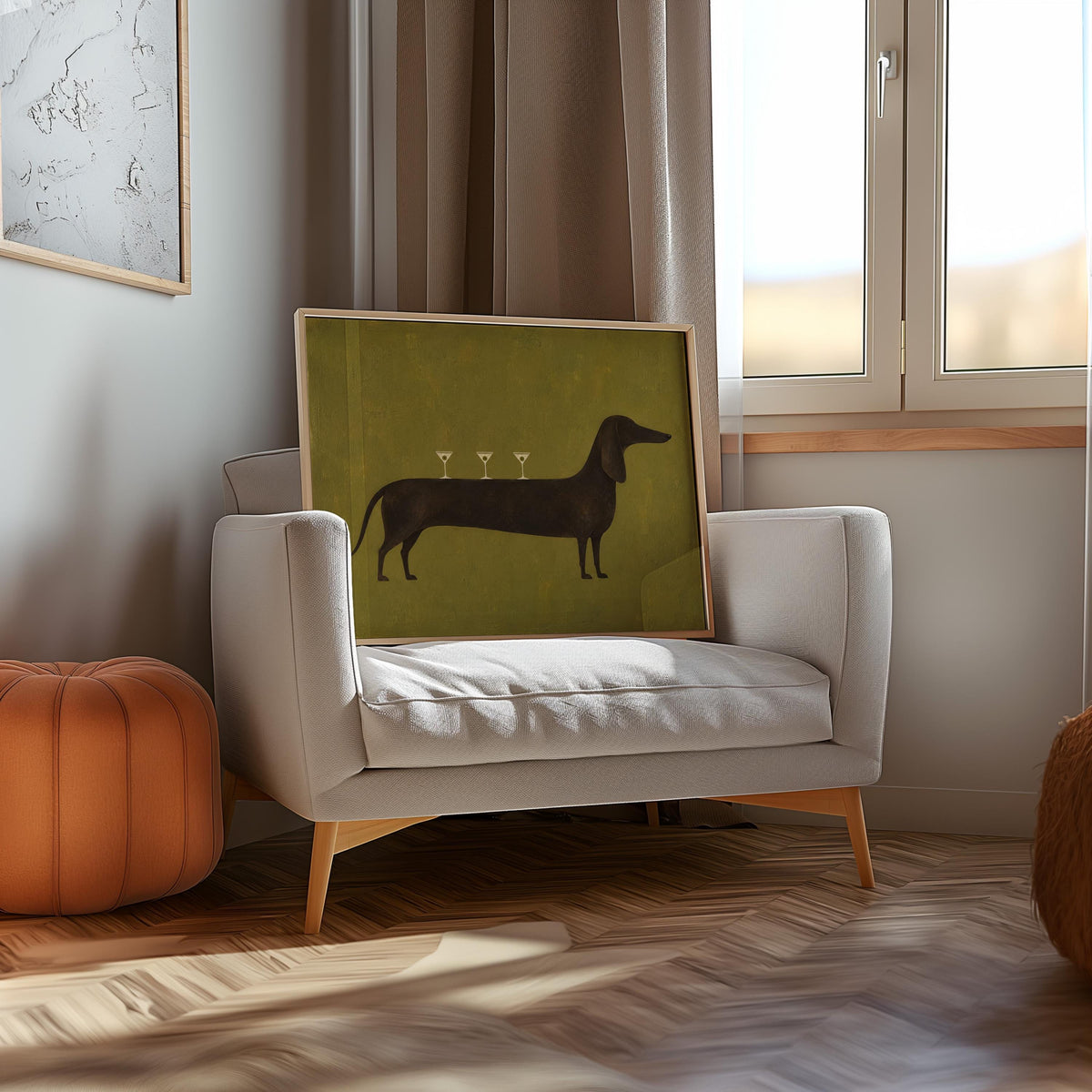 Dog Martini Wall Art, Cocktail Dachshund Poster, Olive Green Bar Print, Funny Wiener Sausage Dog Decor, Pet Lover Gift, Mid Century Artwork
