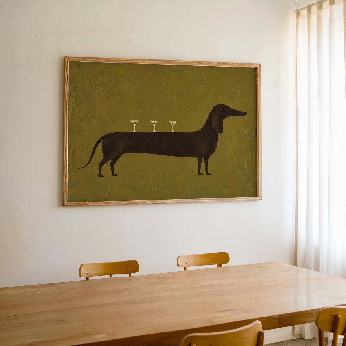 Dog Martini Wall Art, Cocktail Dachshund Poster, Olive Green Bar Print, Funny Wiener Sausage Dog Decor, Pet Lover Gift, Mid Century Artwork
