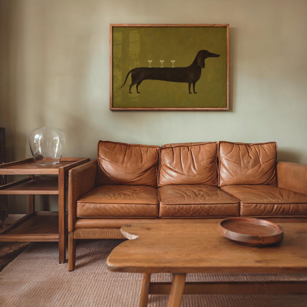 Dog Martini Wall Art, Cocktail Dachshund Poster, Olive Green Bar Print, Funny Wiener Sausage Dog Decor, Pet Lover Gift, Mid Century Artwork