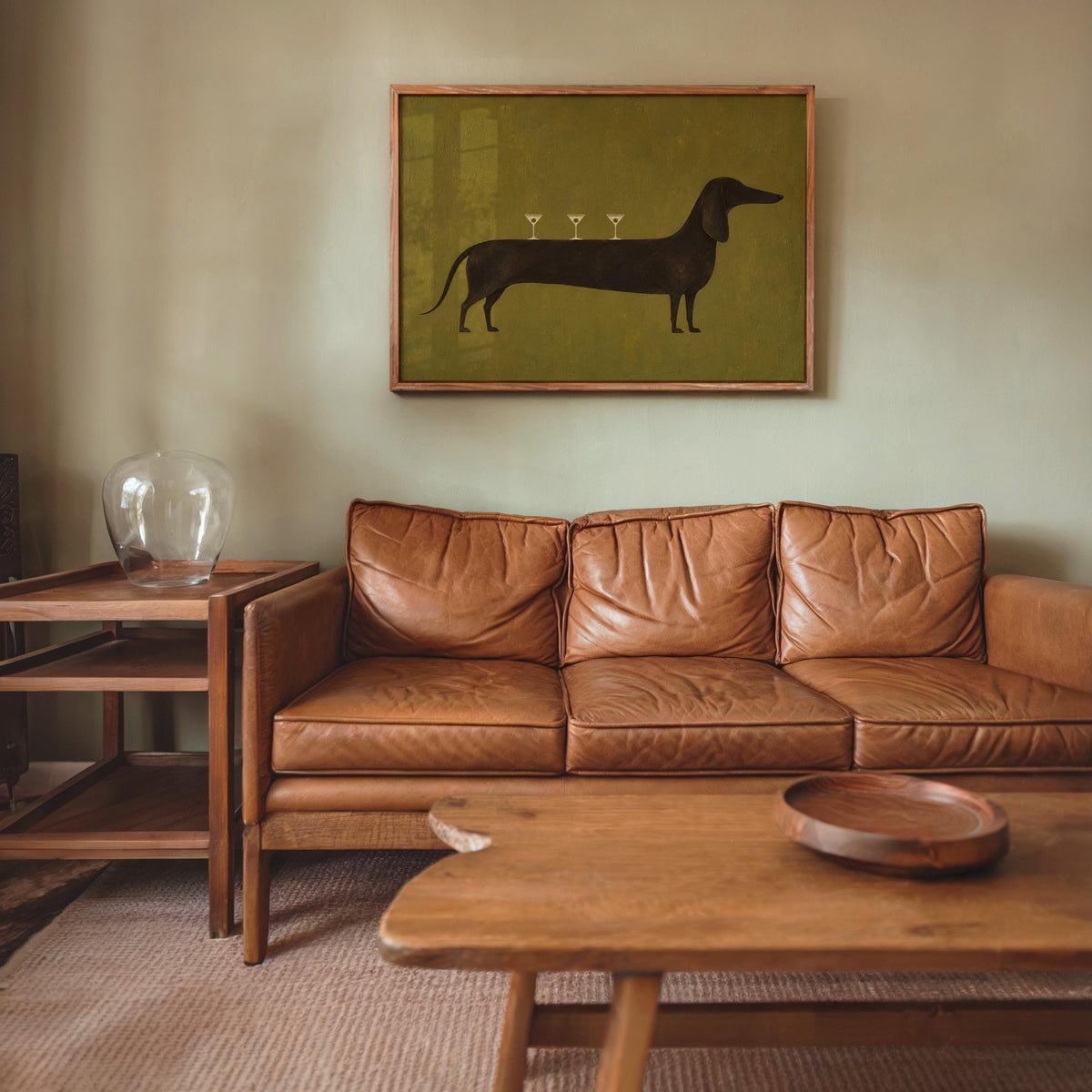 Dog Martini Wall Art, Cocktail Dachshund Poster, Olive Green Bar Print, Funny Wiener Sausage Dog Decor, Pet Lover Gift, Mid Century Artwork
