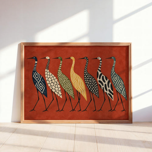 Abstract Crane Wall Art, Patterned Egret Poster, Mid Century Folk Print, Earth Tone Decor, Modern Boho Statement Art, Bird Lover Gift