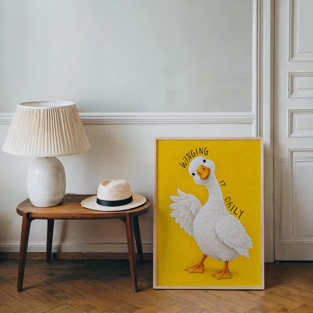 Winging It Daily Goose Wall Art, Funny Motivational Quote Duck Print, Silly Yellow Animal Poster, Quirky Office Decor