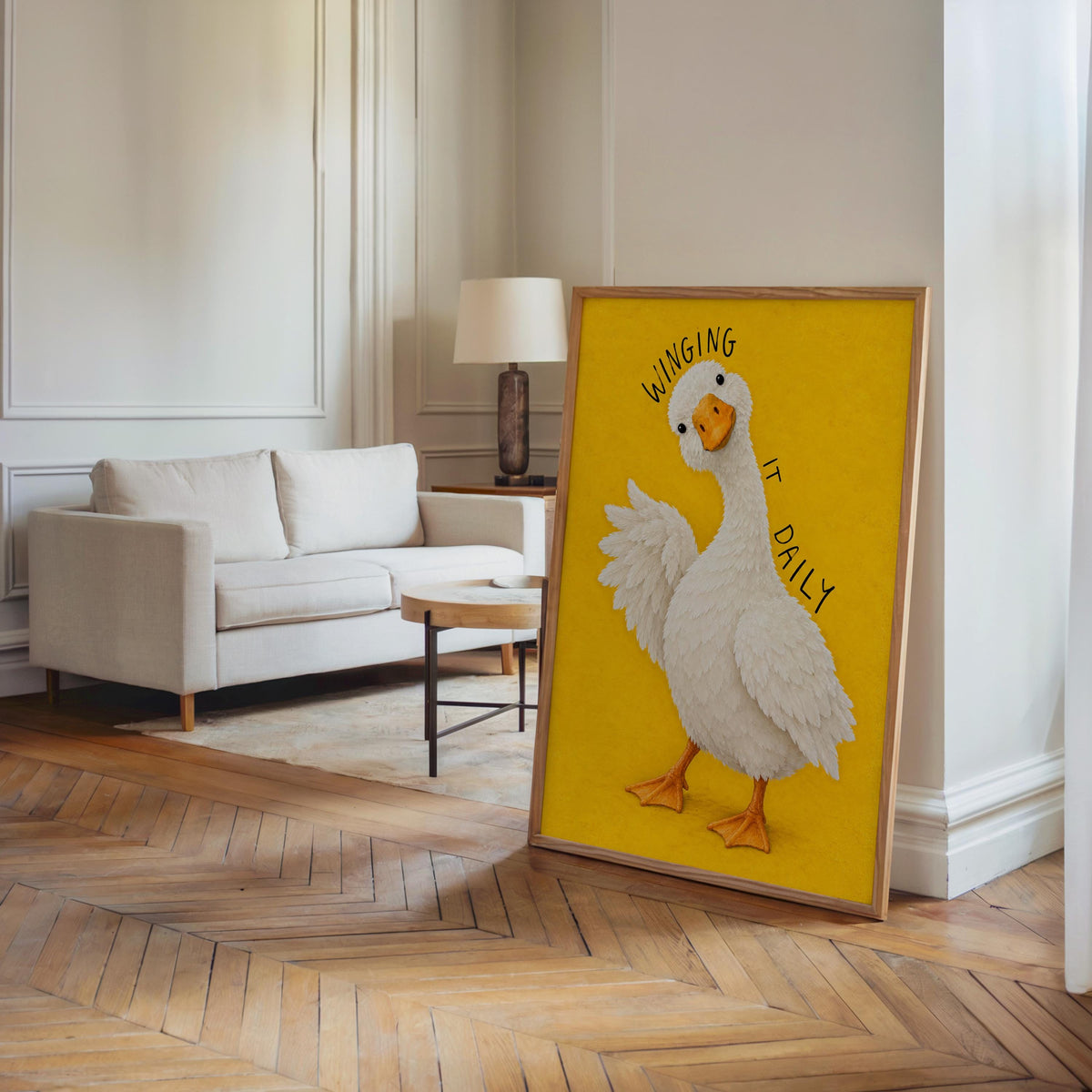 Winging It Daily Goose Wall Art, Funny Motivational Quote Duck Print, Silly Yellow Animal Poster, Quirky Office Decor