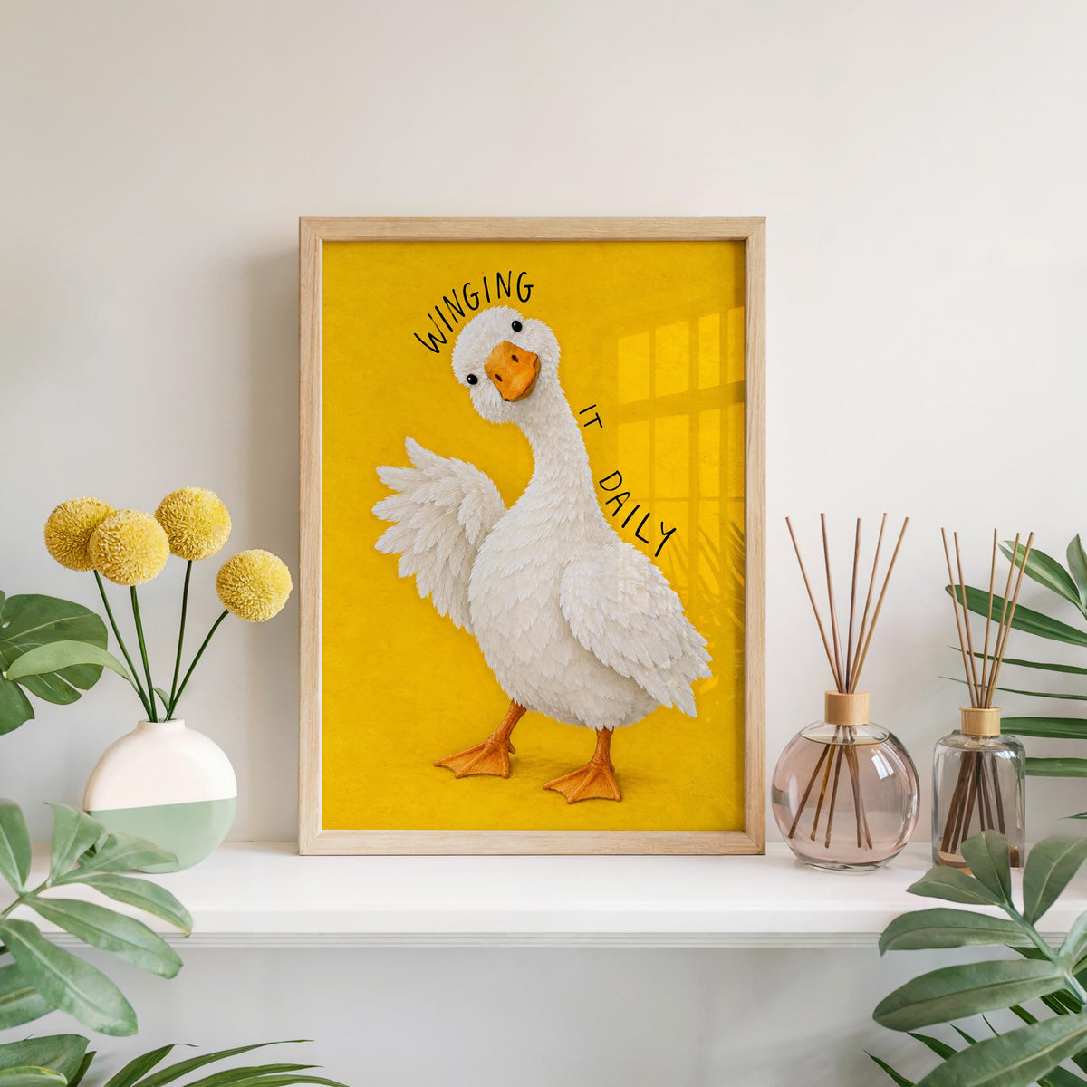Winging It Daily Goose Wall Art, Funny Motivational Quote Duck Print, Silly Yellow Animal Poster, Quirky Office Decor