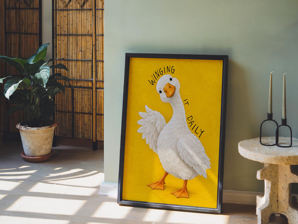 Winging It Daily Goose Wall Art, Funny Motivational Quote Duck Print, Silly Yellow Animal Poster, Quirky Office Decor