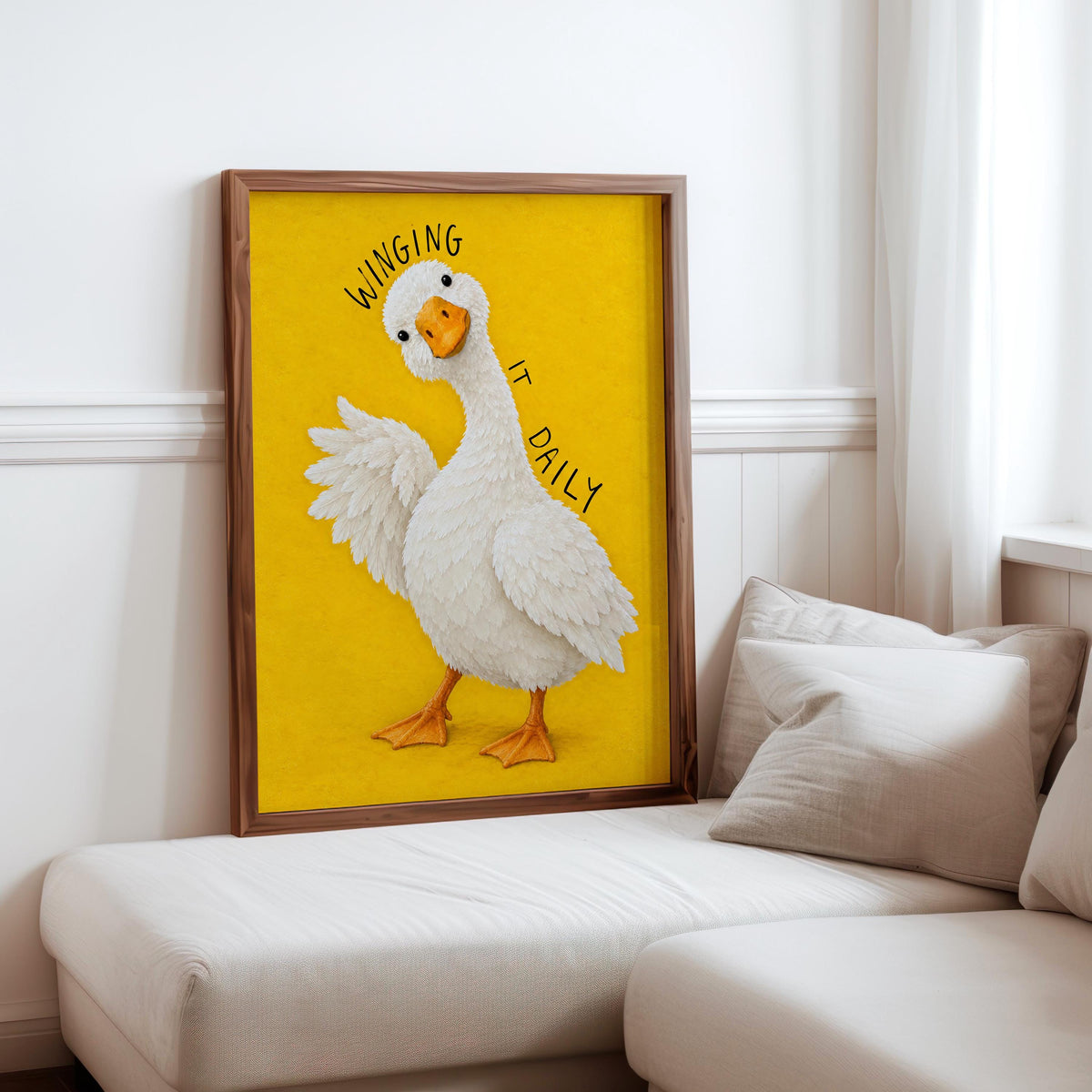 Winging It Daily Goose Wall Art, Funny Motivational Quote Duck Print, Silly Yellow Animal Poster, Quirky Office Decor