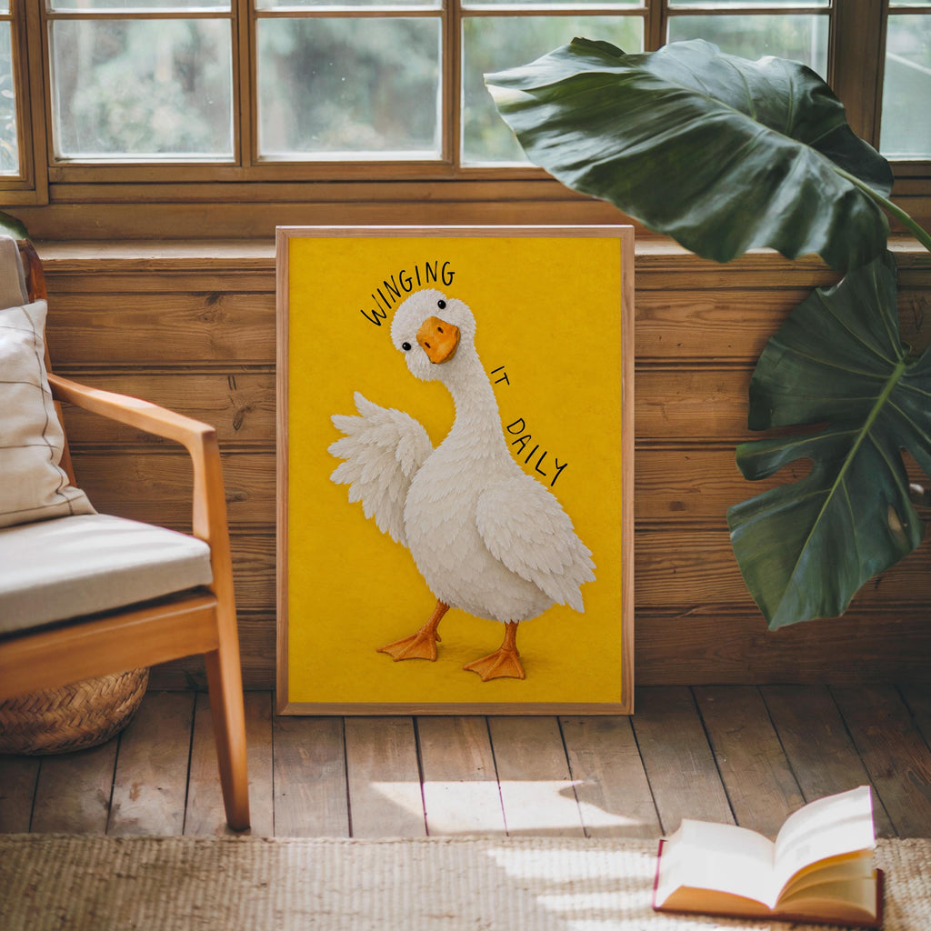 Winging It Daily Goose Wall Art, Funny Motivational Quote Duck Print, Silly Yellow Animal Poster, Quirky Office Decor