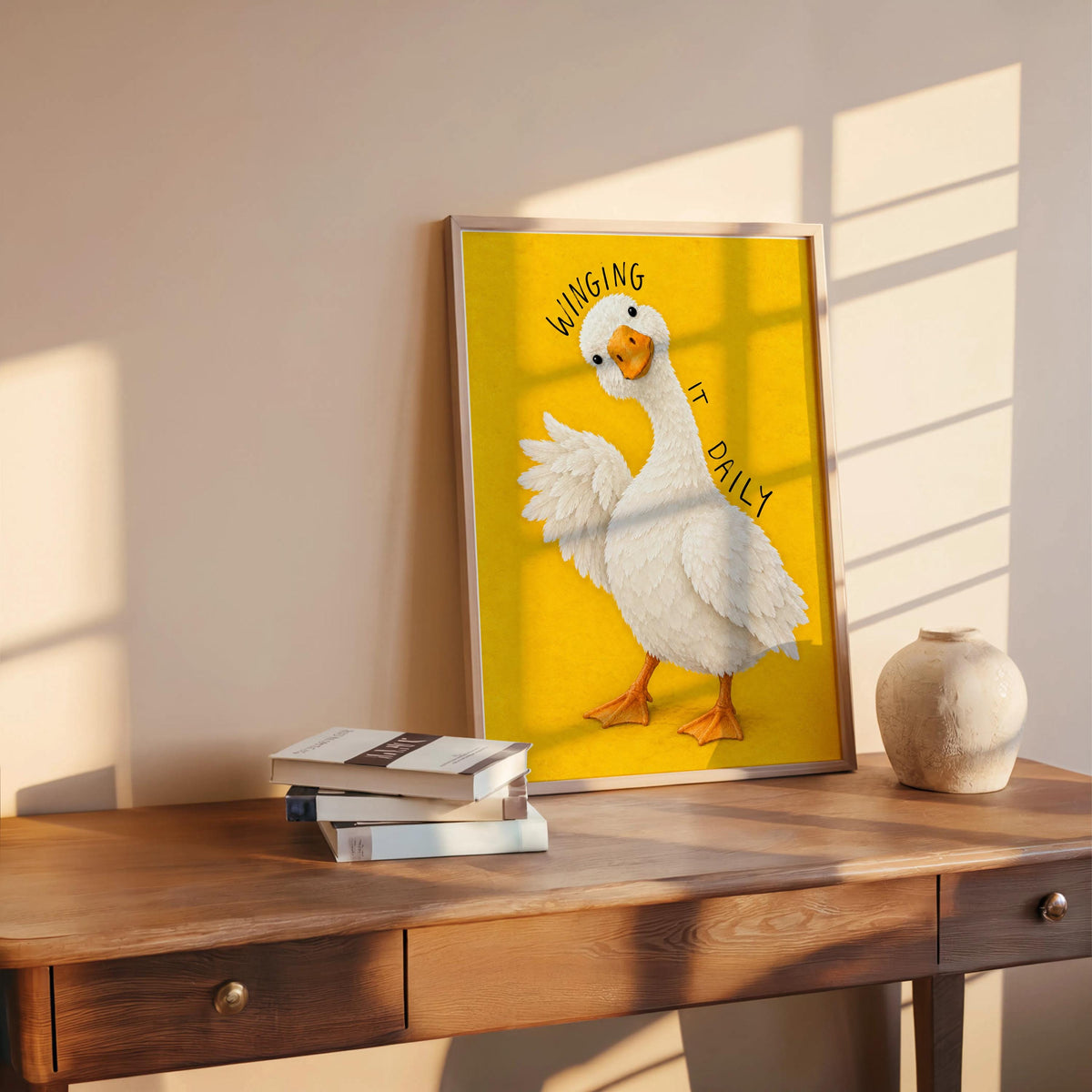 Winging It Daily Goose Wall Art, Funny Motivational Quote Duck Print, Silly Yellow Animal Poster, Quirky Office Decor