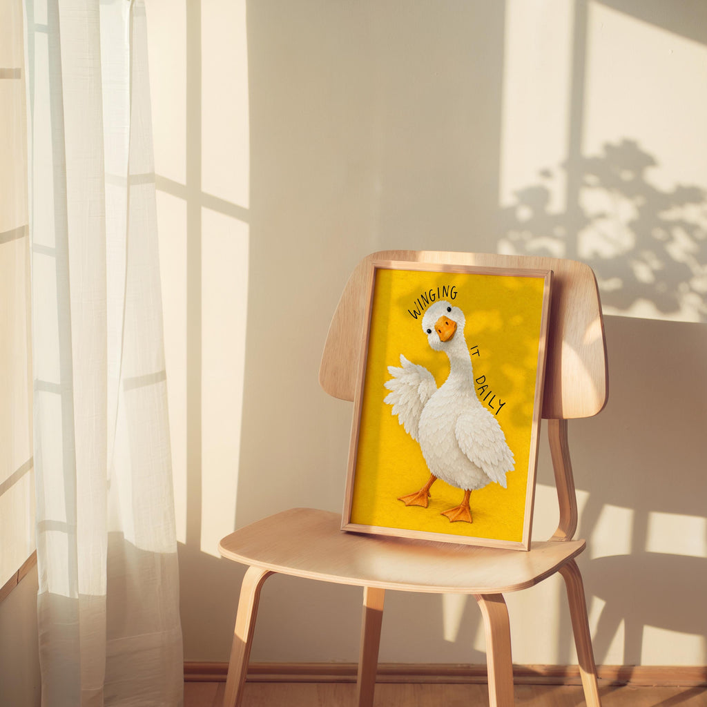 Winging It Daily Goose Wall Art, Funny Motivational Quote Duck Print, Silly Yellow Animal Poster, Quirky Office Decor