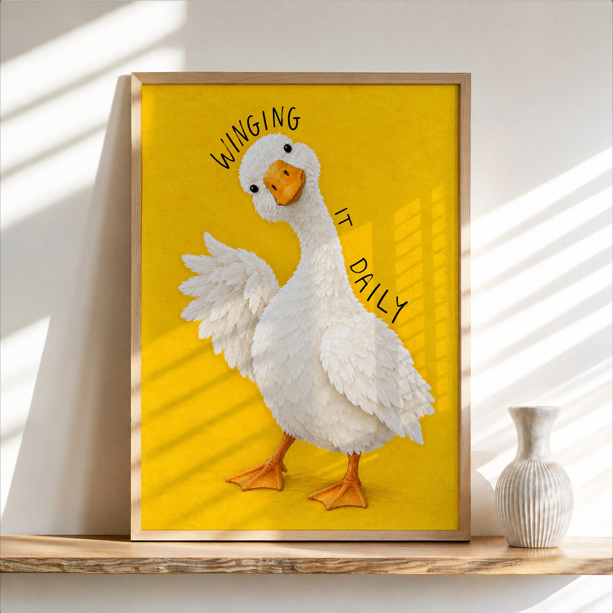Winging It Daily Goose Wall Art, Funny Motivational Quote Duck Print, Silly Yellow Animal Poster, Quirky Office Decor