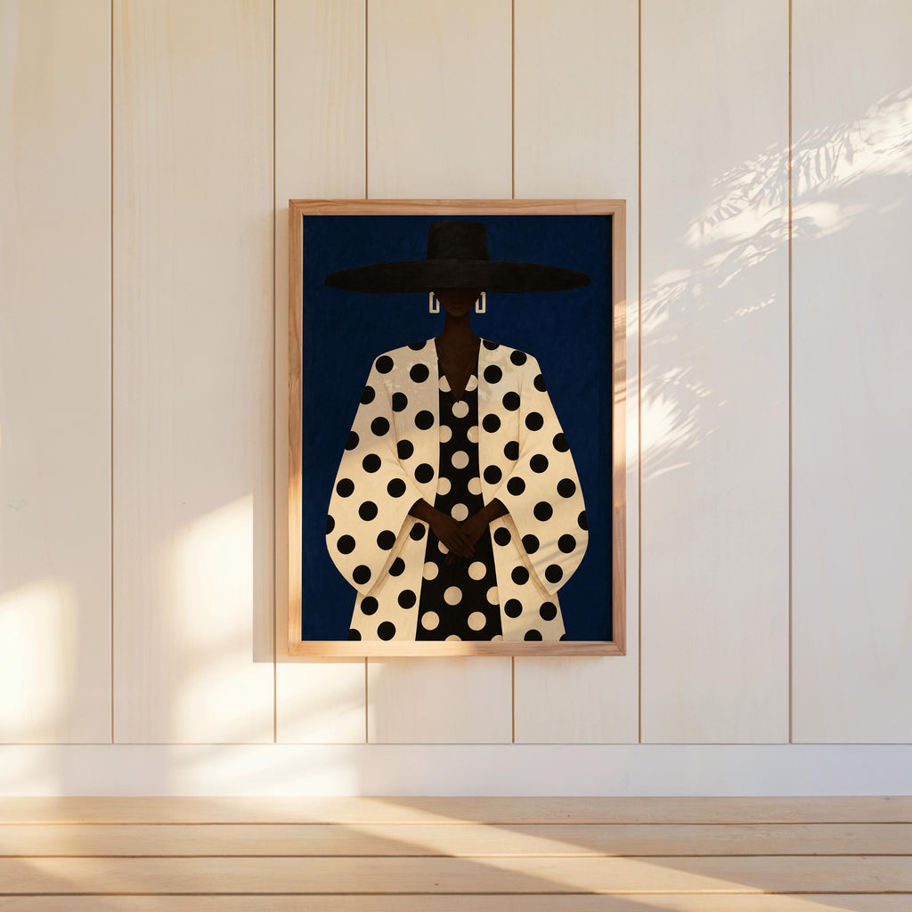 Black Woman Polka Dot Wall Art, Abstract Fashion Hat Portrait, Faceless Bold Pattern Print for Modern Interiors, Chic Afrocentric Decor