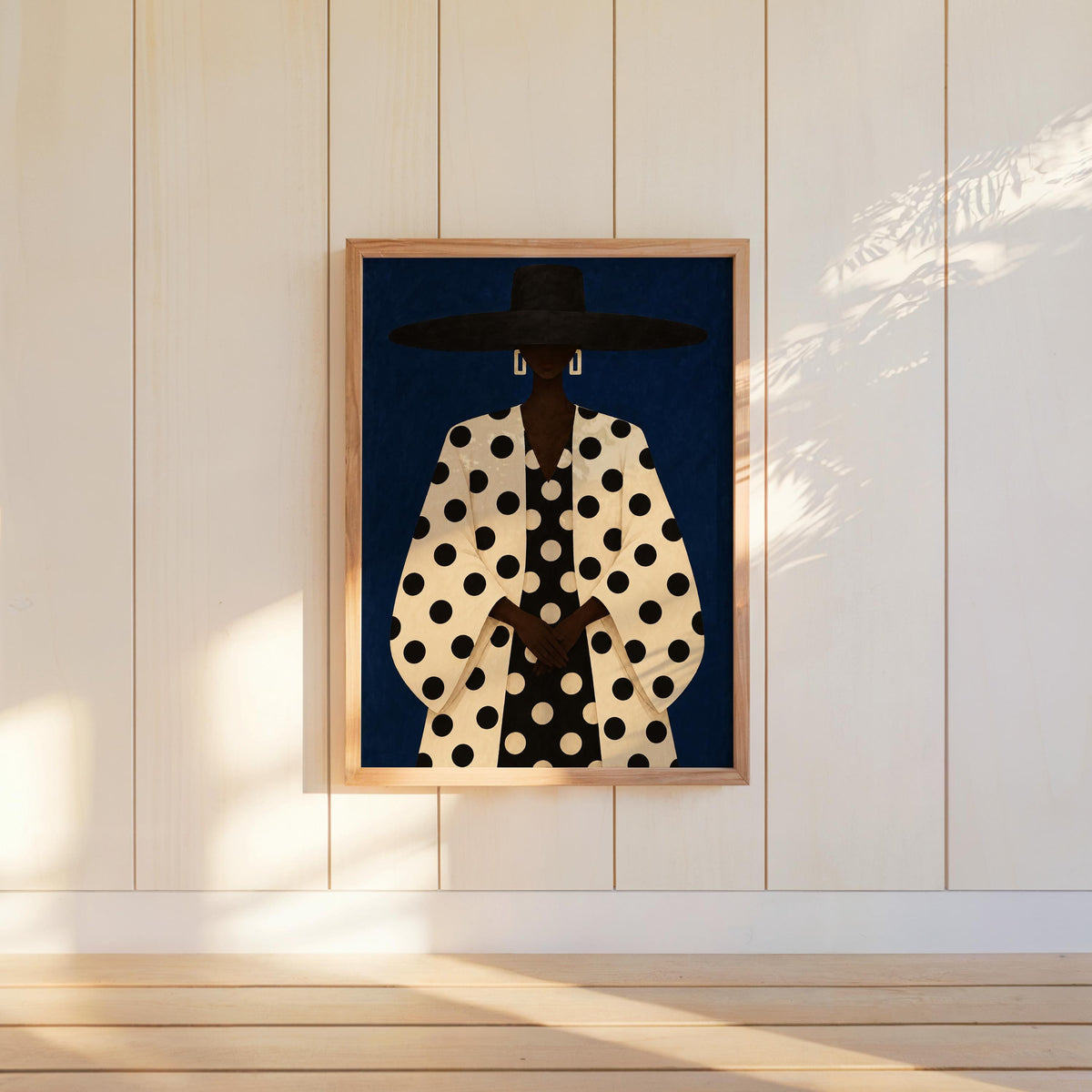 Black Woman Polka Dot Wall Art, Abstract Fashion Hat Portrait, Faceless Bold Pattern Print for Modern Interiors, Chic Afrocentric Decor